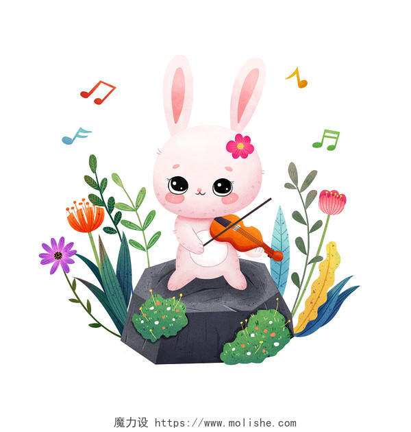 拉小提琴的小兔子音乐素材儿童插画动物插画PNG素材音乐元素